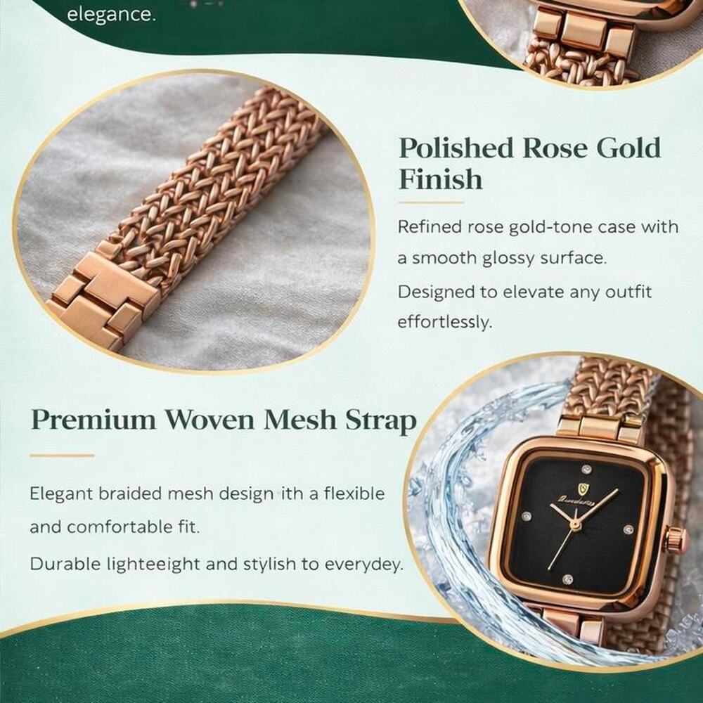 Women’s Rose Gold Square Watch Black Dial Luxury Mesh Band Elegant Waterproof - Picture 2 of 5